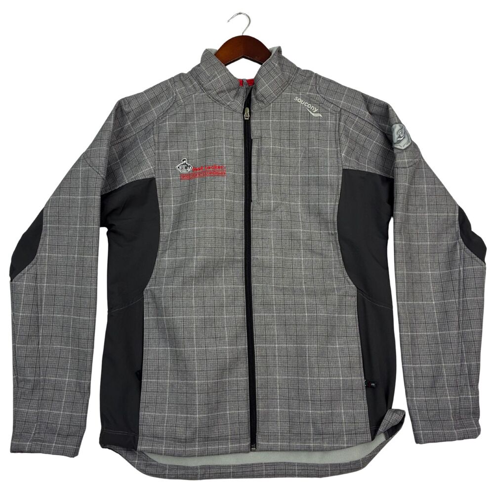 Saucony Running Jacket Mens Gray Plaid Full Zip Softshell Athletic Logo Size M?